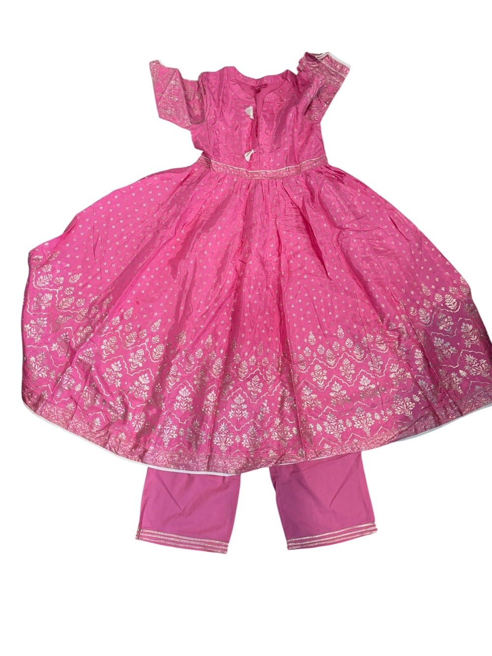 Biba Girls Pink Floral Foil Anarkali Dress Set